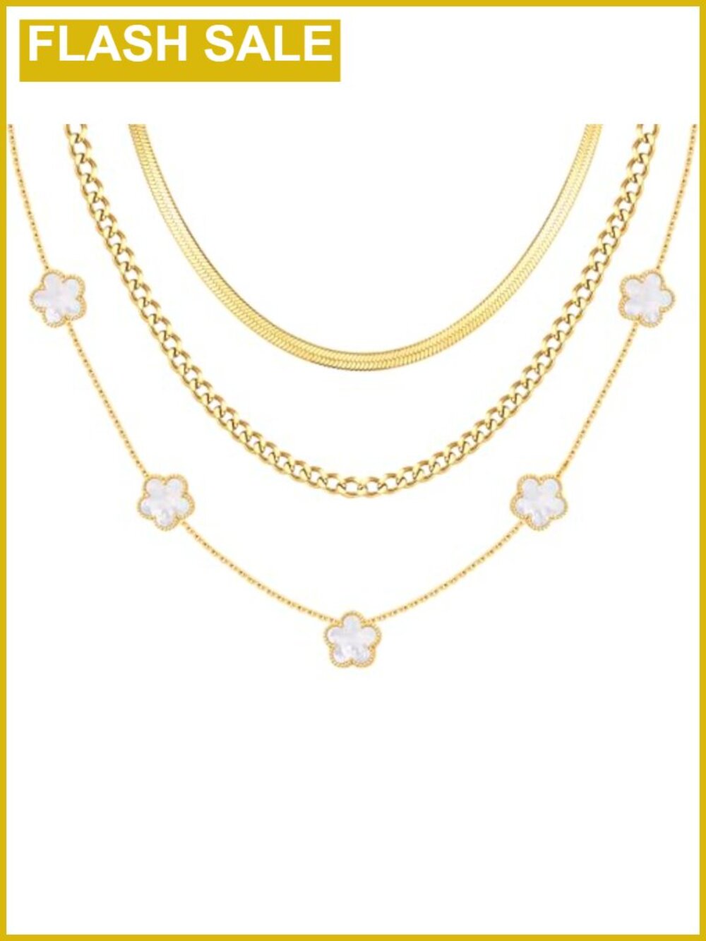 18K Gold Plated Layered Necklace Set 3Pc Herringbone Cuban Link Floral